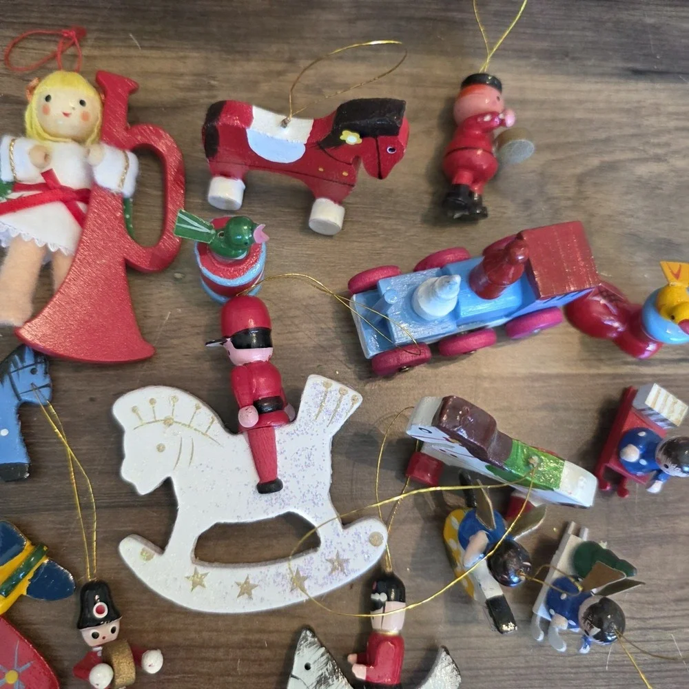 Wooden Christmas Tree Ornaments Lot of 14 Angel Train Toy Soldiers Sleigh Horses